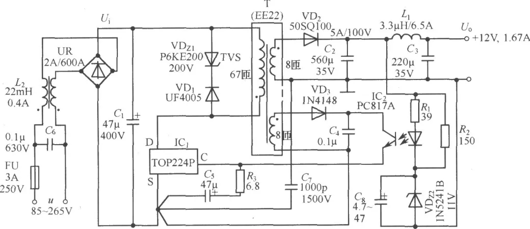 TOP224P構(gòu)成的12V、20W開關(guān)直流穩(wěn)壓電源電路